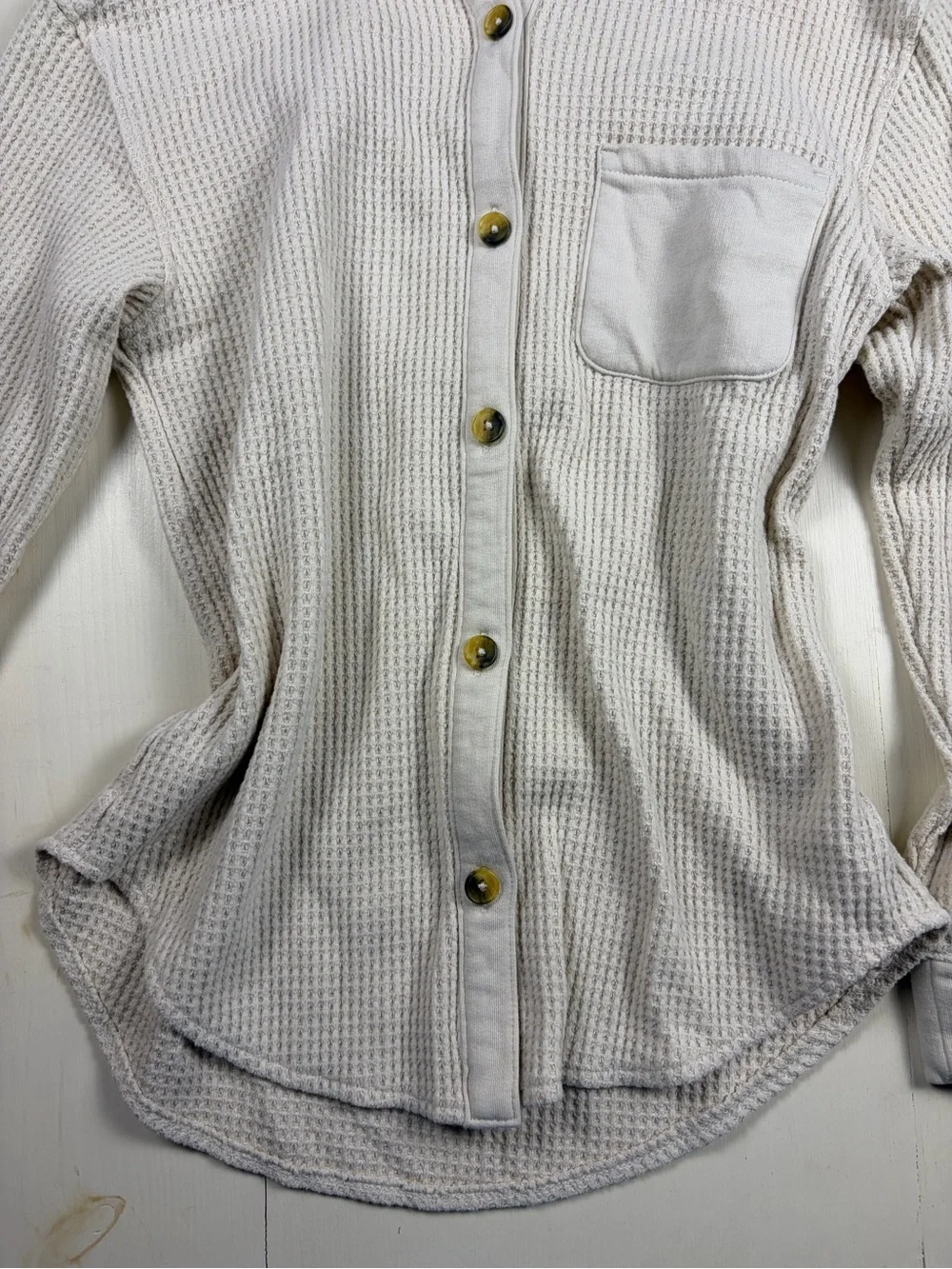 Old Navy Cream Waffle Knit Hooded Button-Front Shirt